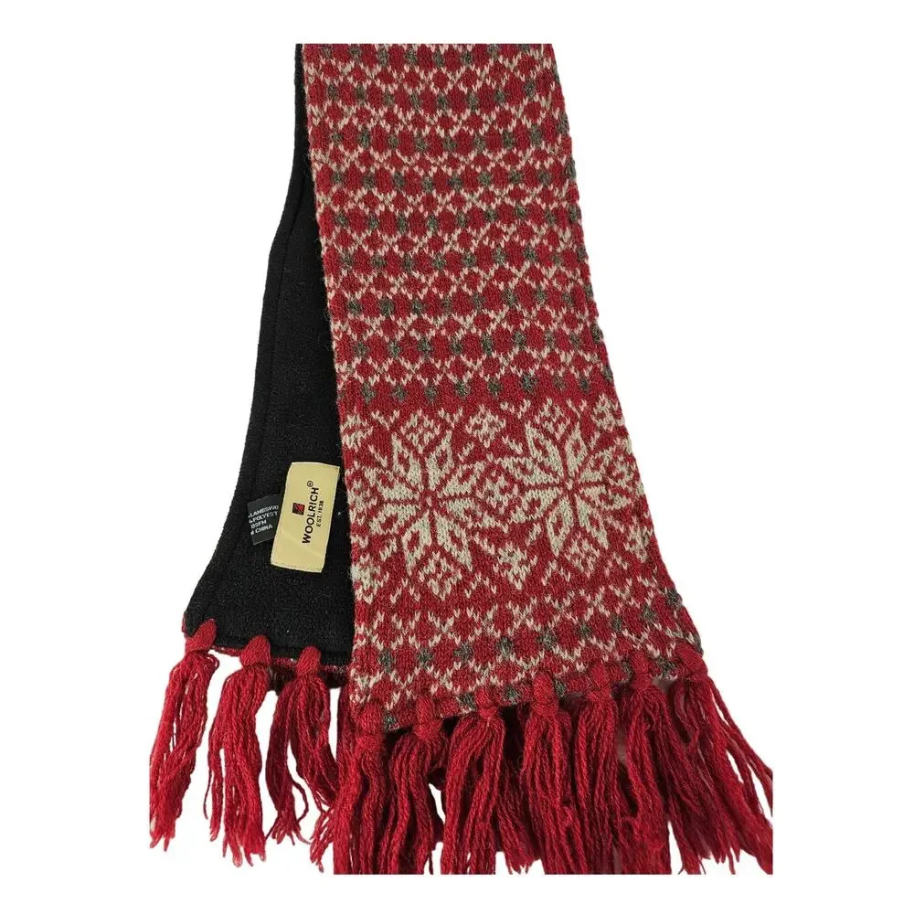 WOOLRICH KNITTED COLLAR SCARF – RED & WHITE SNOWFLAKE PATTERN TASSEL TRIM LINED